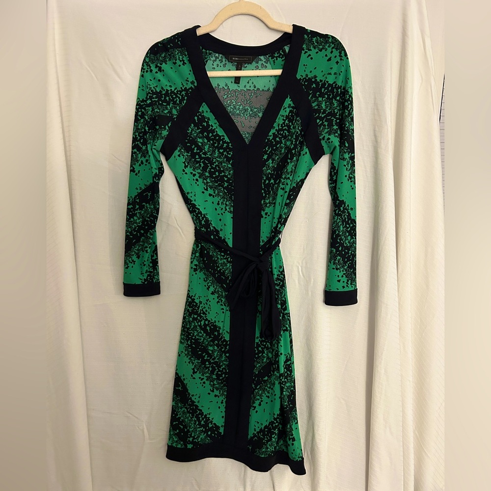 BCBGMAXAZRIA Green & Black Abstract Wrap Dress - XS